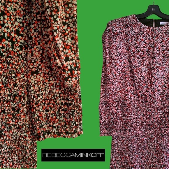 REBECCA MINKOFF NEW TABBY Floral Smocked Puffed Long Sleeve Dress L - Picture 3 of 11